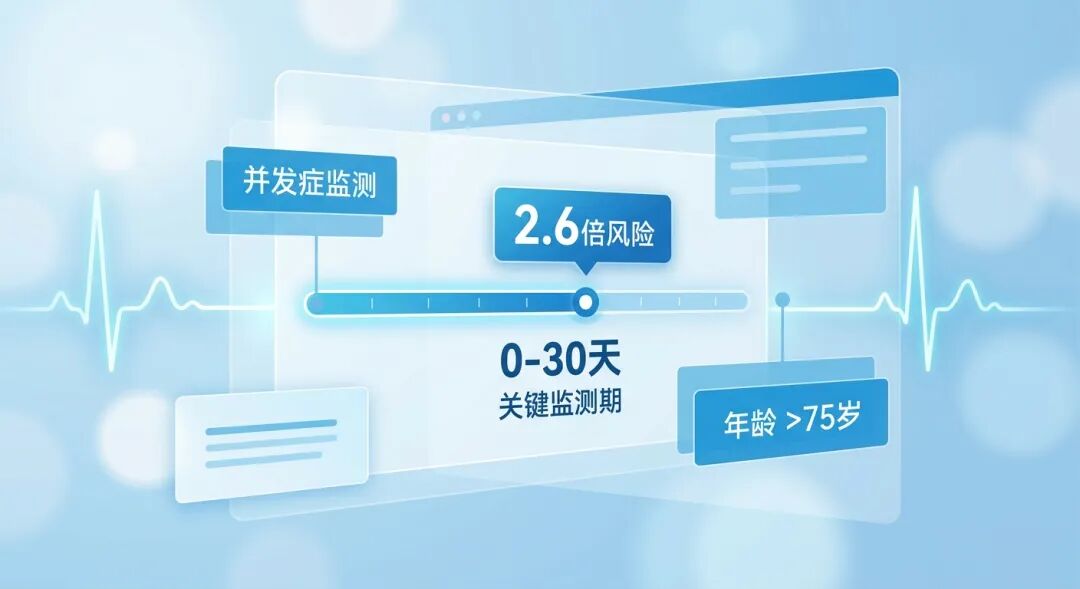 一张专业且具有国际化感官的医学插画。画面以盛诺一家品牌蓝为基调，展示了一个精密的数据监测面板。面板中心高亮标注了‘关键监测期：0-30天’及‘2.6倍风险’，周围环绕着‘并发症监测’和‘年龄 >75岁’的分析标签。柔和的心电图波纹穿插其中，寓意通过多维度的数据分析精准锁定免疫治疗后的心脏风险，画面传递出严谨、科学与希望。