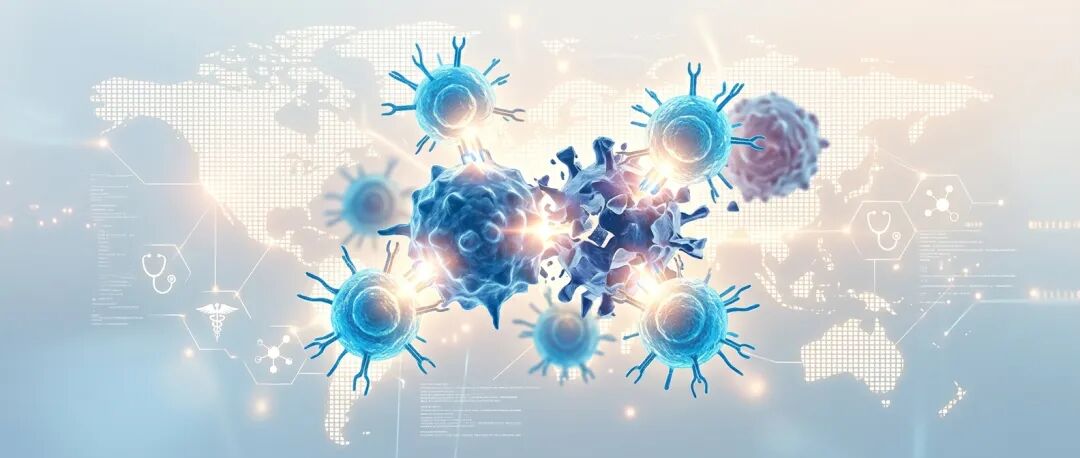 抽象医学插画：发光的T细胞靶向癌细胞，传递希望与国际化医疗感