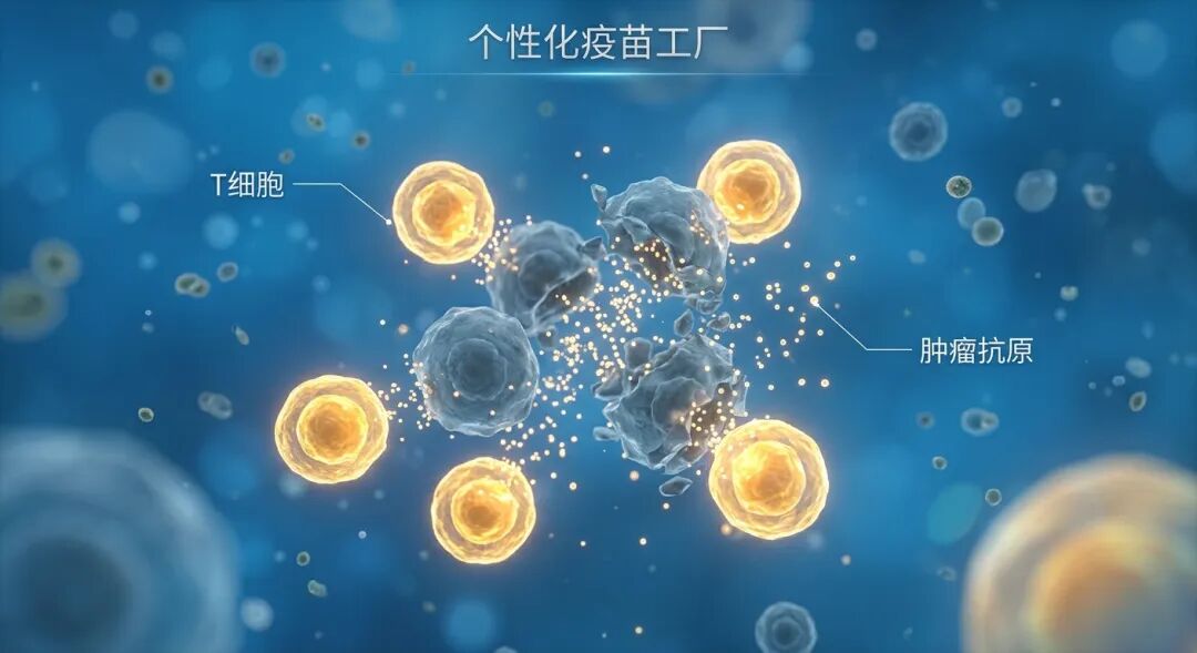 医学插画展示了溶瘤病毒疗法在体内构建的“个性化疫苗工厂”：金黄色的T细胞（免疫系统）被精准唤醒，正在识别并包围释放出肿瘤抗原的暗淡癌细胞，画面充满科技感与希望。