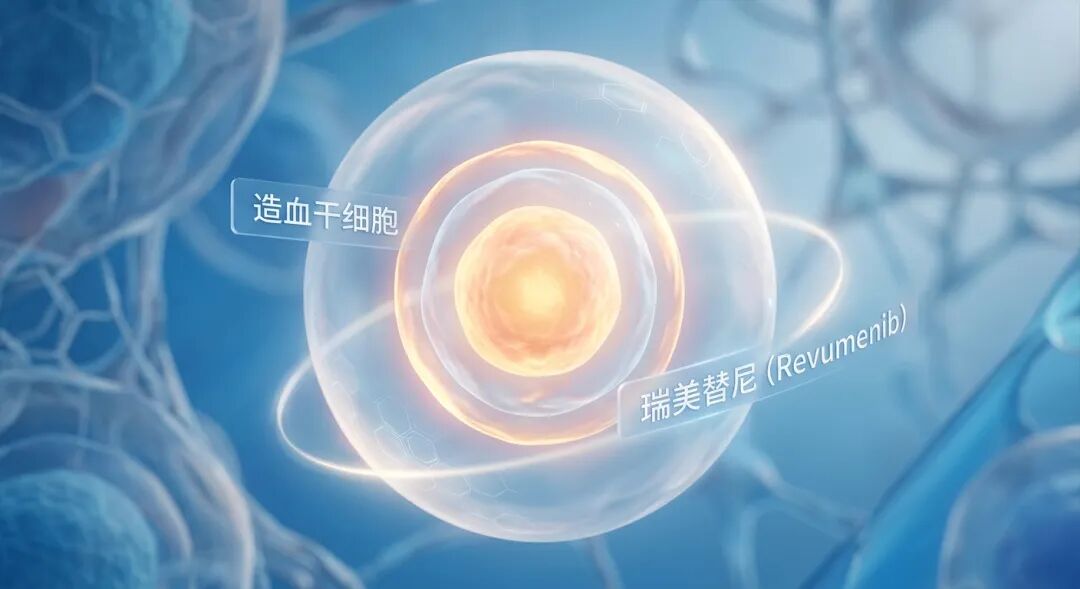 画面中心是一颗散发着柔和光芒的造血干细胞，象征移植后的生命种子。它被一层半透明、充满科技感的蓝色保护罩（象征瑞美替尼维持治疗）紧紧包裹，阻挡外界风险。主色调采用盛诺一家品牌蓝（#1996DF），核心处透出温暖的金色光芒，寓意通过科学手段守住移植成果，为患者带来重生的希望。