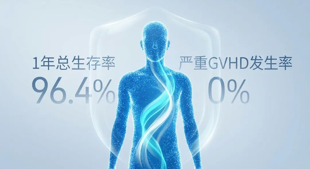 一张充满安全感的抽象医学插画：蓝色光点汇聚成的人体轮廓内，和谐的光带平稳流淌，象征免疫系统的重建与和平共处，没有任何排斥冲突。画面融入了“1年总生存率 96.4%”和“严重GVHD发生率 0%”的透明质感数据，体现了国际顶尖医疗技术的精准与可靠。