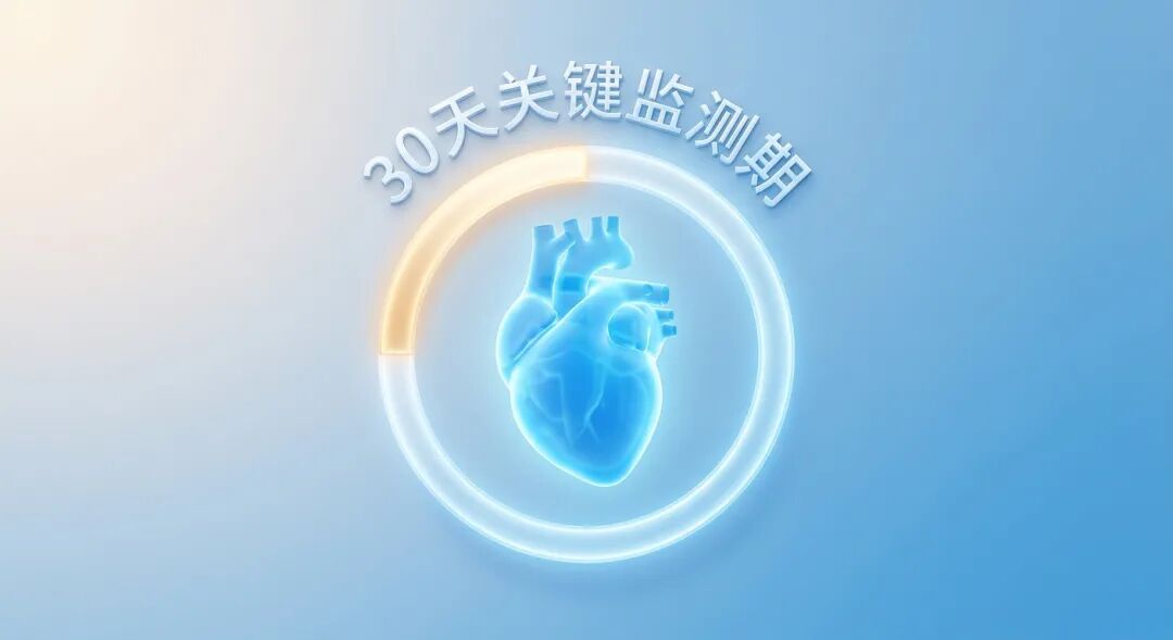 一张抽象医学插画：一颗被柔和蓝色光环保护的心脏，光环上金色高亮标示出‘30天关键监测期’，寓意通过免疫治疗初期的科学监测，心脏风险是可控且受保护的，画面充满专业感与希望。
