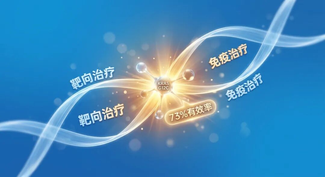一张专业医学插画，展示了靶向治疗与免疫治疗两股光束交织协作，精准击中KRAS突变靶点。画面中心迸发出温暖的金橙色光芒，并标注‘73% 有效率’，寓意双药联合带来的突破性疗效与希望。色调以盛诺一家品牌蓝为基调，风格国际化且充满生机。