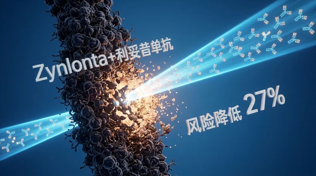 一张专业且充满希望的医学插画。画面中心，代表Zynlonta联合利妥昔单抗的蓝色光束（由发光的抗体分子组成）正精准地穿透并瓦解代表复发难治性DLBCL的暗色屏障。画面标注着“Zynlonta + 利妥昔单抗”以及“风险降低 27%”。整体色调采用盛诺一家品牌蓝（#1996DF），光影柔和，展现了前沿科学带来的生命转机。