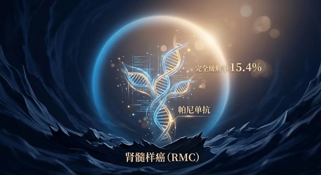 一张极具情感共鸣的抽象医学插画：在代表深重疾病的暗蓝色背景中，一株由发光DNA链和数据线构成的‘生命之芽’破土而出，象征着年轻生命的延续。它被盛诺一家品牌蓝（#1996DF）的柔和光环所守护，画面标注有‘肾髓样癌 (RMC)’、‘帕尼单抗’及‘完全缓解率 15.4%’，传递出绝处逢生的希望与医学进步的力量。