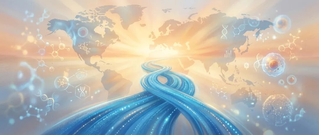 抽象医学插画：通向温暖地平线的发光道路，象征全球医疗带来的生命希望