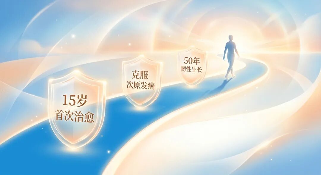画面展示了一条在晨曦中向上延伸的蓝色发光长路，象征Erin长达50年的生存历程。路旁矗立着发光的里程碑，记录着‘15岁首次治愈’、‘克服二次原发癌’等生命关隘。一个抽象的光影轮廓正坚定前行，整体色调为盛诺一家品牌蓝，传递出‘治愈后人生’的韧性与希望。