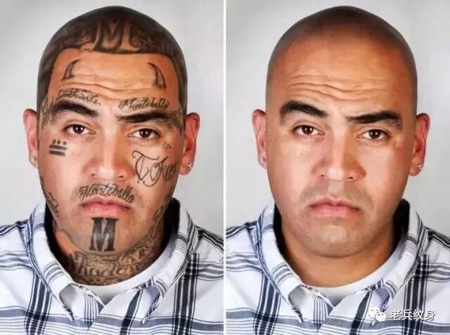 你以为洗掉纹身就能洗去一切吗？看看这些黑帮成员，你会沉默！  2018-02-23 郭果果 老兵纹身    武汉老兵纹身 微信ID:老兵纹身 点击关注可加微信    ▼ 果果开篇提问： 如果你对自己的纹身表示无感不喜欢 又或者说已不具备当时所纹的意义 你会如何处理？ 是洗掉还是遮盖？亦或是放任不管？    可能更多的人会选择 洗掉那个已经不顺眼的纹身 但实际上，要洗纹身 不仅耗时长、疼痛加倍、费用昂贵 最关键是，你所经历过的，它无法洗掉    因为对某些特殊人群来讲  一个人选择纹身 就代表他已经选择走上了某条道路。 譬如一些黑帮的成员或罪犯。    他们纹身的理由千奇百怪 帮派要求、被虐待、吸毒、 为了看起来更加凶神恶煞等等 是社会帮派纹身的最多原因  但相同的是：他们都是为了在黑道上获得身份认同    然而多年后 当他们想要脱离黑帮，重新做人 这些纹身，却成了他们回归社会最大的阻碍 除了不被普通人接纳 就连去除大面积纹身的费用，也非常高    网上流传着一组名为《Skin Deep》的照片 是来自一位名为Steven Burton的摄影师 他用影像去挑战人们的刻板印象 ——有纹身的人不应该受到歧视。    他找到一些帮派人士 然后用PS还原他们还未纹身的样子 透过照片，我们看到了一个个普通的邻家大叔    据摄影师Steven描述 当把修好的图给他们看时 有的人哭了，有的人在笑 也有的人陷入了深深忏悔 还有的人仿佛因为一张图片 而勾起了之前所有的心酸   不过他们心里都十分清楚 即使P掉了一切纹身 过去所做的所经历的，都P不掉 面对“洗纹身”的代价 也原比他们当初纹身时预想的，要大太多    但即便如此，他们仍是渴望能够洗掉纹身 因为身上的纹身不仅仅 无时无刻提醒着他过去所发生的 同时也导致他无法融入正常社会    他们需要再一次获得身份认同  进入帮派时，需要纹身 才能证明是帮里人 但当你回归社会后 则需去除纹身 才能表明你是个普通人    “其中纹身最重的一哥们Marcus 看到照片时他有些震惊 因为不知道该说些什么 他开始笑了起来 但很快就陷入了沉默 紧接着眼泪就涌了上来 也就是在哪个时刻 我意识到这些人人生经历的厚重感。”  ——Steven Burton    还需要面对人们的刻板印象。  所谓刻板印象，便是社会多数人 一看到脸部、手部都布满纹身的人 就认为是帮派人、罪犯    参与者 Francisco 就因此 在求职路上十分坎坷 那些公司一看到他的纹身 就会拒绝接收他。    但最令人难以接受的，还是那不曾停止的社会歧视  工作难找、难以合群是帮派人最大的感受 即使是想要帮助那些需要帮助的人 也比普通人更加难以被人接受 可见多数人虽然害怕他们 但同时，也歧视着他们     Steven 这个摄影作品一出 便引起了广泛关注 摄影师Steven还通过将照片进行拍卖 挣得了第一笔资金 用于帮助那些想洗去纹身的帮派人    纹身，是记录他们选择人生的符号。  不管是出于自己年轻也好 还是想要威慑他人也罢 冲动之下加入帮派 是他们当初的选择    当经历了邪恶、恐惧、以及愧疚之后 如今，他们终将要面对自己当初的选择 并承担看似难以挽救的后果   所以，做一个好的人生选择 远比选一个好看的纹身图案，更重要