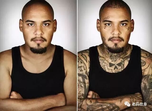 你以为洗掉纹身就能洗去一切吗？看看这些黑帮成员，你会沉默！  2018-02-23 郭果果 老兵纹身    武汉老兵纹身 微信ID:老兵纹身 点击关注可加微信    ▼ 果果开篇提问： 如果你对自己的纹身表示无感不喜欢 又或者说已不具备当时所纹的意义 你会如何处理？ 是洗掉还是遮盖？亦或是放任不管？    可能更多的人会选择 洗掉那个已经不顺眼的纹身 但实际上，要洗纹身 不仅耗时长、疼痛加倍、费用昂贵 最关键是，你所经历过的，它无法洗掉    因为对某些特殊人群来讲  一个人选择纹身 就代表他已经选择走上了某条道路。 譬如一些黑帮的成员或罪犯。    他们纹身的理由千奇百怪 帮派要求、被虐待、吸毒、 为了看起来更加凶神恶煞等等 是社会帮派纹身的最多原因  但相同的是：他们都是为了在黑道上获得身份认同    然而多年后 当他们想要脱离黑帮，重新做人 这些纹身，却成了他们回归社会最大的阻碍 除了不被普通人接纳 就连去除大面积纹身的费用，也非常高    网上流传着一组名为《Skin Deep》的照片 是来自一位名为Steven Burton的摄影师 他用影像去挑战人们的刻板印象 ——有纹身的人不应该受到歧视。    他找到一些帮派人士 然后用PS还原他们还未纹身的样子 透过照片，我们看到了一个个普通的邻家大叔    据摄影师Steven描述 当把修好的图给他们看时 有的人哭了，有的人在笑 也有的人陷入了深深忏悔 还有的人仿佛因为一张图片 而勾起了之前所有的心酸   不过他们心里都十分清楚 即使P掉了一切纹身 过去所做的所经历的，都P不掉 面对“洗纹身”的代价 也原比他们当初纹身时预想的，要大太多    但即便如此，他们仍是渴望能够洗掉纹身 因为身上的纹身不仅仅 无时无刻提醒着他过去所发生的 同时也导致他无法融入正常社会    他们需要再一次获得身份认同  进入帮派时，需要纹身 才能证明是帮里人 但当你回归社会后 则需去除纹身 才能表明你是个普通人    “其中纹身最重的一哥们Marcus 看到照片时他有些震惊 因为不知道该说些什么 他开始笑了起来 但很快就陷入了沉默 紧接着眼泪就涌了上来 也就是在哪个时刻 我意识到这些人人生经历的厚重感。”  ——Steven Burton    还需要面对人们的刻板印象。  所谓刻板印象，便是社会多数人 一看到脸部、手部都布满纹身的人 就认为是帮派人、罪犯    参与者 Francisco 就因此 在求职路上十分坎坷 那些公司一看到他的纹身 就会拒绝接收他。    但最令人难以接受的，还是那不曾停止的社会歧视  工作难找、难以合群是帮派人最大的感受 即使是想要帮助那些需要帮助的人 也比普通人更加难以被人接受 可见多数人虽然害怕他们 但同时，也歧视着他们     Steven 这个摄影作品一出 便引起了广泛关注 摄影师Steven还通过将照片进行拍卖 挣得了第一笔资金 用于帮助那些想洗去纹身的帮派人    纹身，是记录他们选择人生的符号。  不管是出于自己年轻也好 还是想要威慑他人也罢 冲动之下加入帮派 是他们当初的选择    当经历了邪恶、恐惧、以及愧疚之后 如今，他们终将要面对自己当初的选择 并承担看似难以挽救的后果   所以，做一个好的人生选择 远比选一个好看的纹身图案，更重要