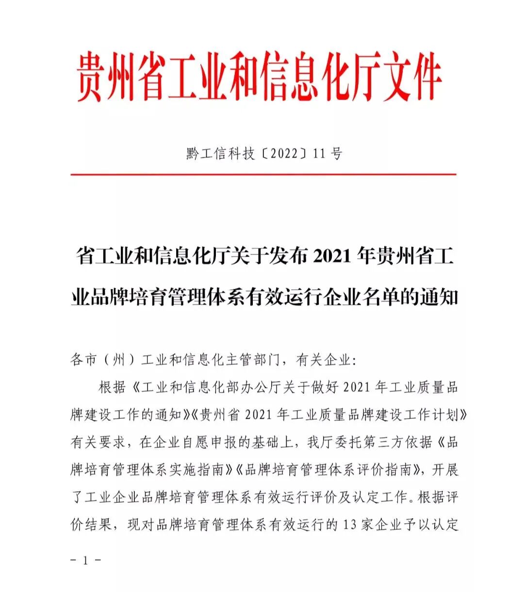 【喜讯】会长单位被列为贵州省工业品牌培育管理体系有效运行企业