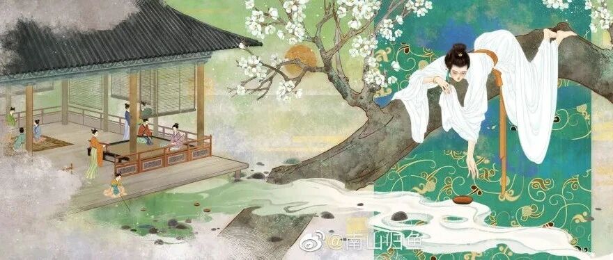 古风插画《织锦》飘粉吹香三月份暮，游春宴饮! 似一幅古画