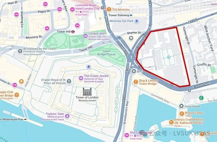 A map showing the location of the proposed chinese embassy in London