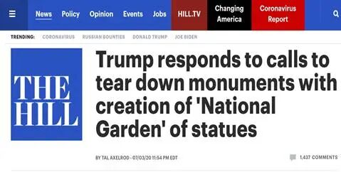 “倒像运动”愈演愈烈，特朗普：我将签令建个“国家花园”，专门放雕像