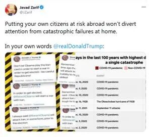 驳斥特朗普指控，伊朗外长也发两条推文