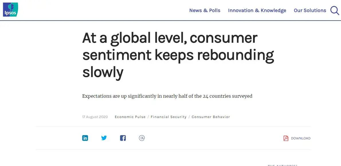 益普索民调：全球消费者信心指数中国得分72.9，24国中排名第一