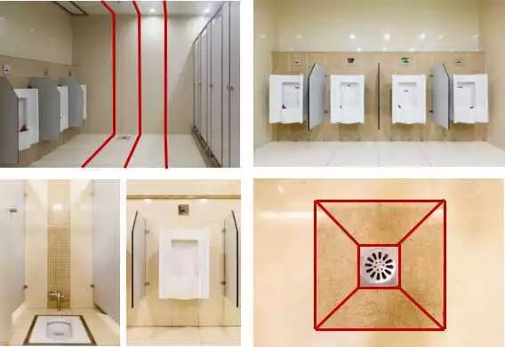 813间卫生间内墙,顶,地全部三缝交圈,卫生洁具,隔断,感应器安装对称