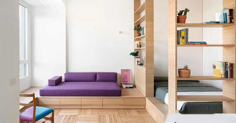 [北京今朝装饰]48㎡简约风单身公寓，地台式沙发床一体化小户型设计，1㎡都不浪费
