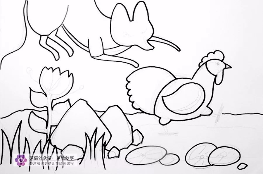 以《母鸡萝丝去散步》中的绘本插图为参考,画出画面中有趣的场景