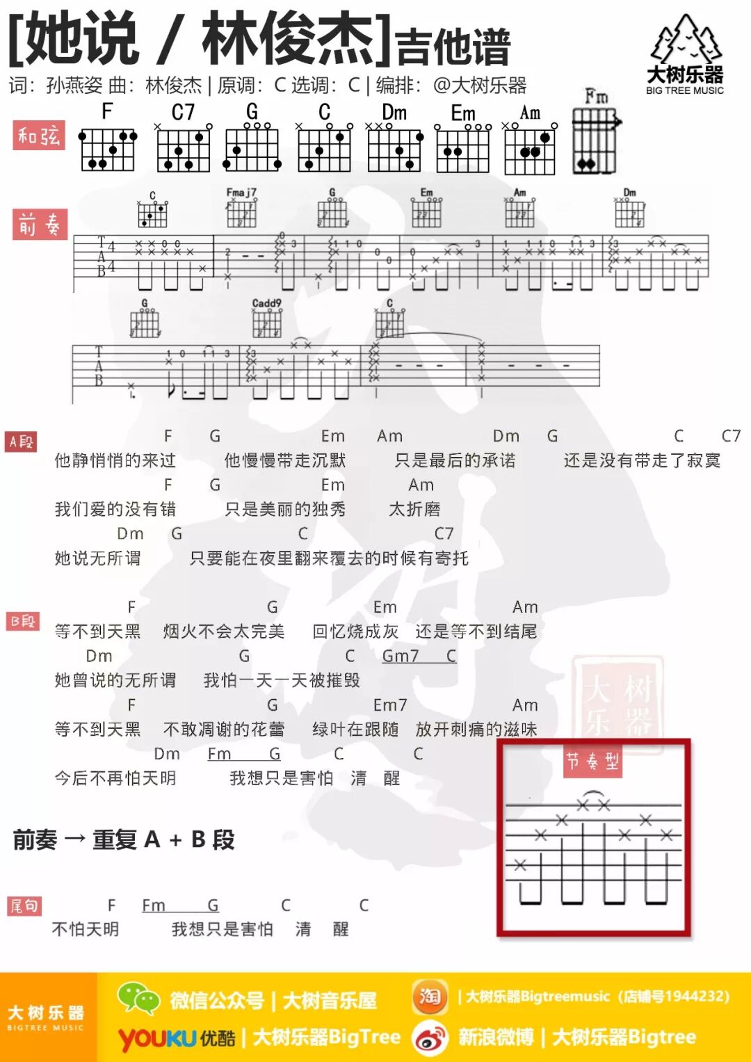 她说 林俊杰 吉他弹唱曲谱 大树音乐屋 自由微信 Freewechat