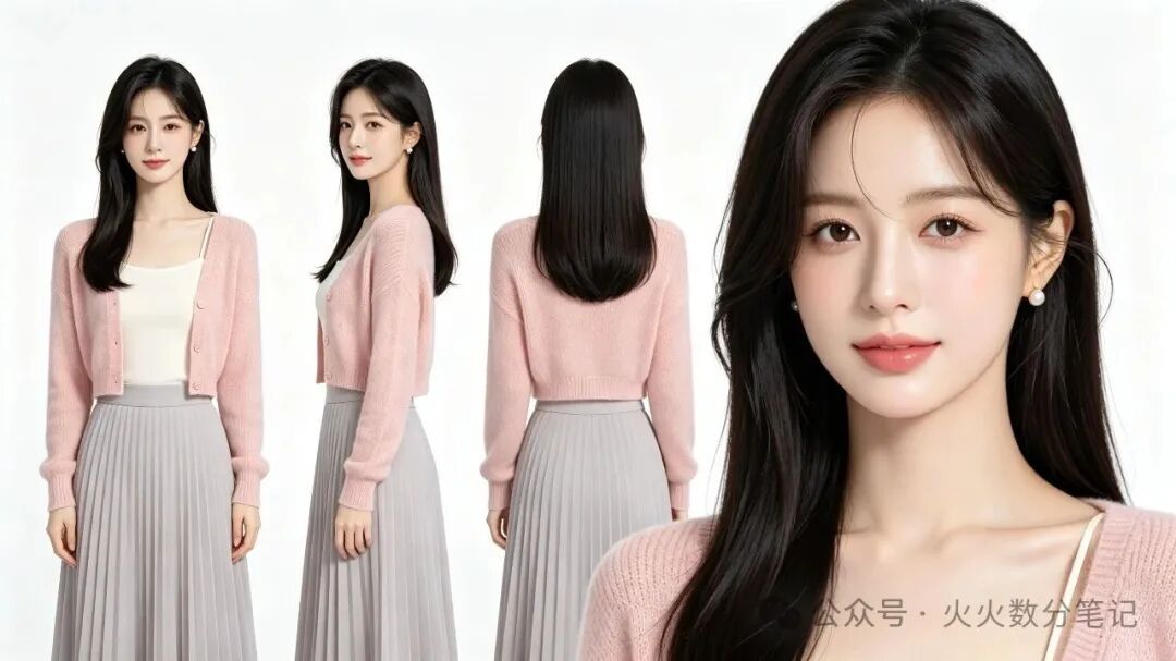 温柔风女主三视图·超写实人像设定稿（含反向提示词） 效果图样例