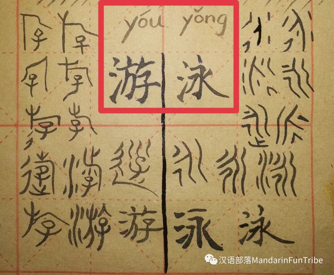 的含义。【泳，原本就有氵（在“永”中），现在的氵与最初的氵无关。】​ 因此，游+泳=游泳，从汉字的角