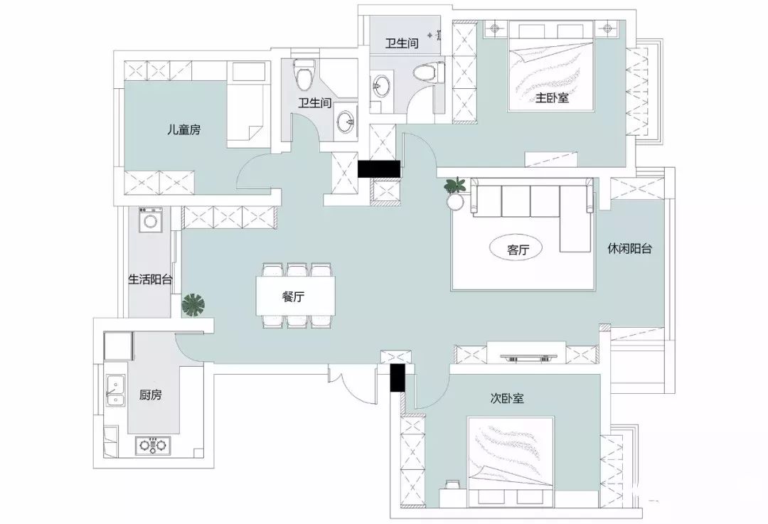 110㎡現代簡約浪漫三房室，清新藍色牆面搭配白色定制收納櫃太讚了 家居 第4張