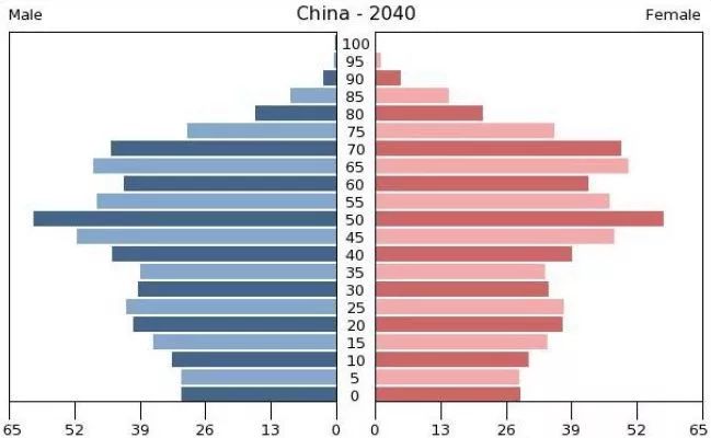 下一圖是到2040年時的中國人口結構,而且隨著時間的推移,老年人會越來