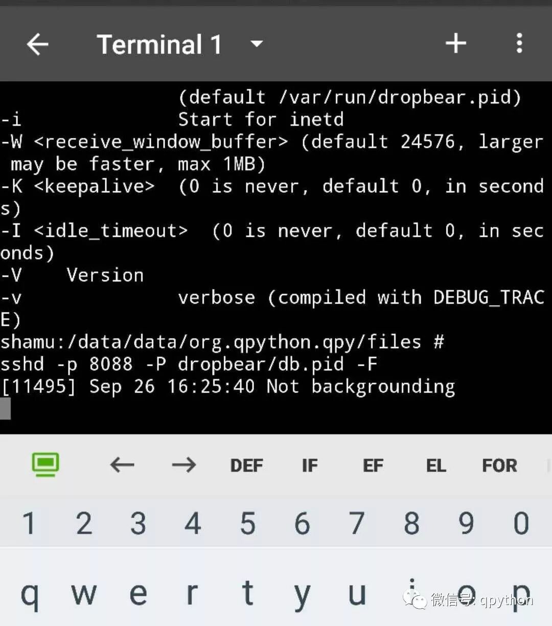 启动sshd服务：sshd -p 8088 -P dropbear/db.pid -F # 前台启动，端口 8088