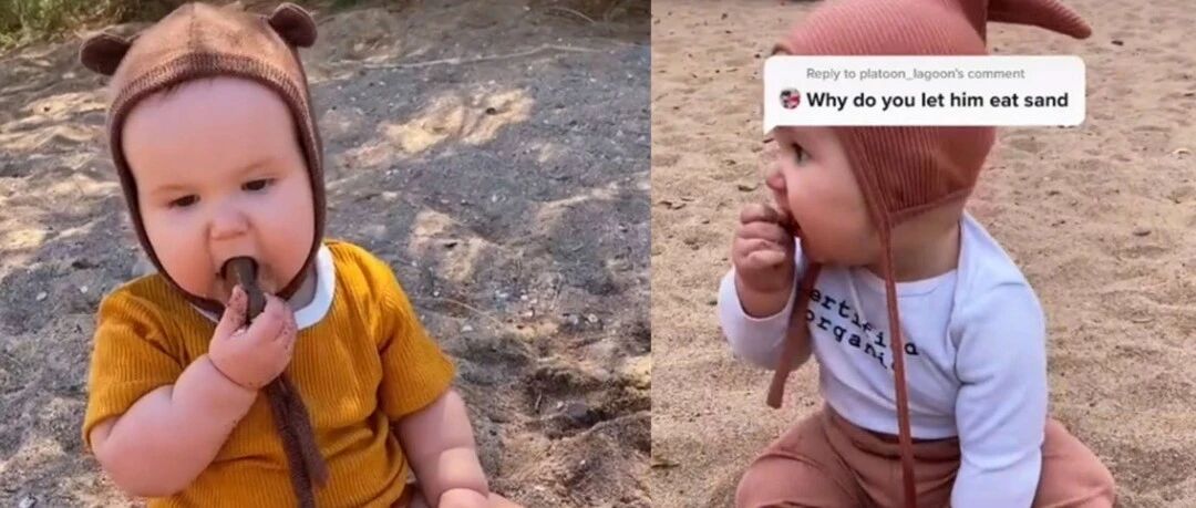 外国网友自家宝宝什么都啃，纸巾、沙子、地毯？？？是属饕餮的吧！