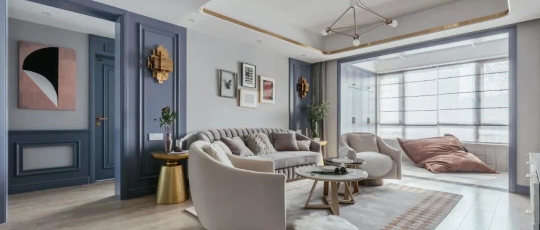 130㎡现代美式三居室，蓝色护墙板装饰背景墙太优雅漂亮了