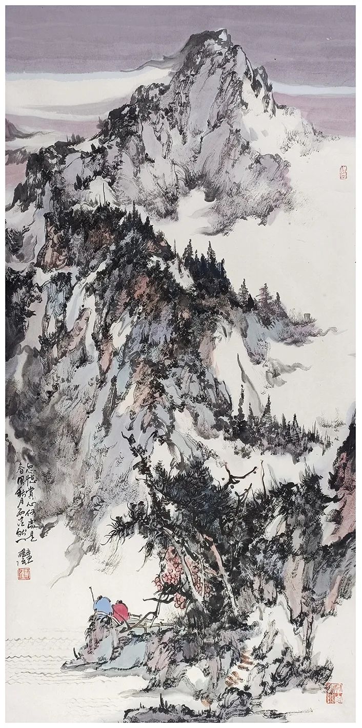 中国画冉令江《金牛山春景》 180cm×49cm 书法冉令江《陆游 除夜雪》