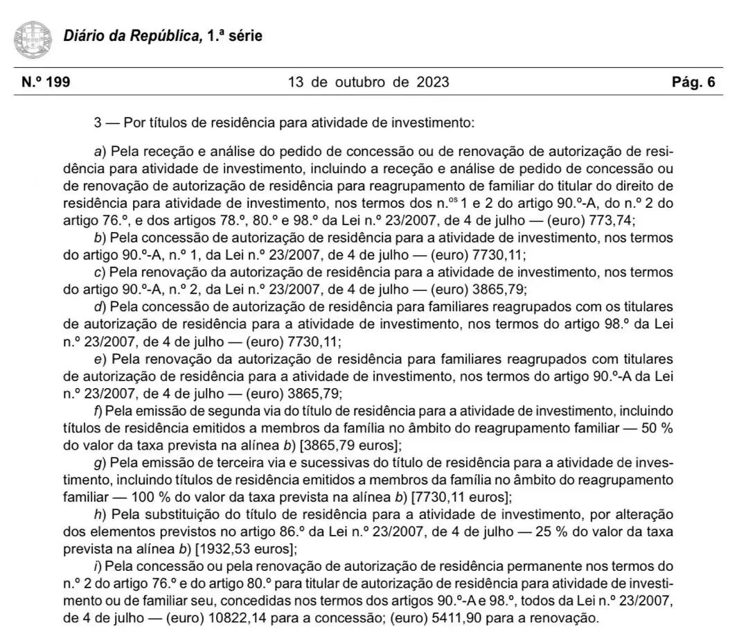 葡萄牙投资移民黄金卡更新费用将发生改动