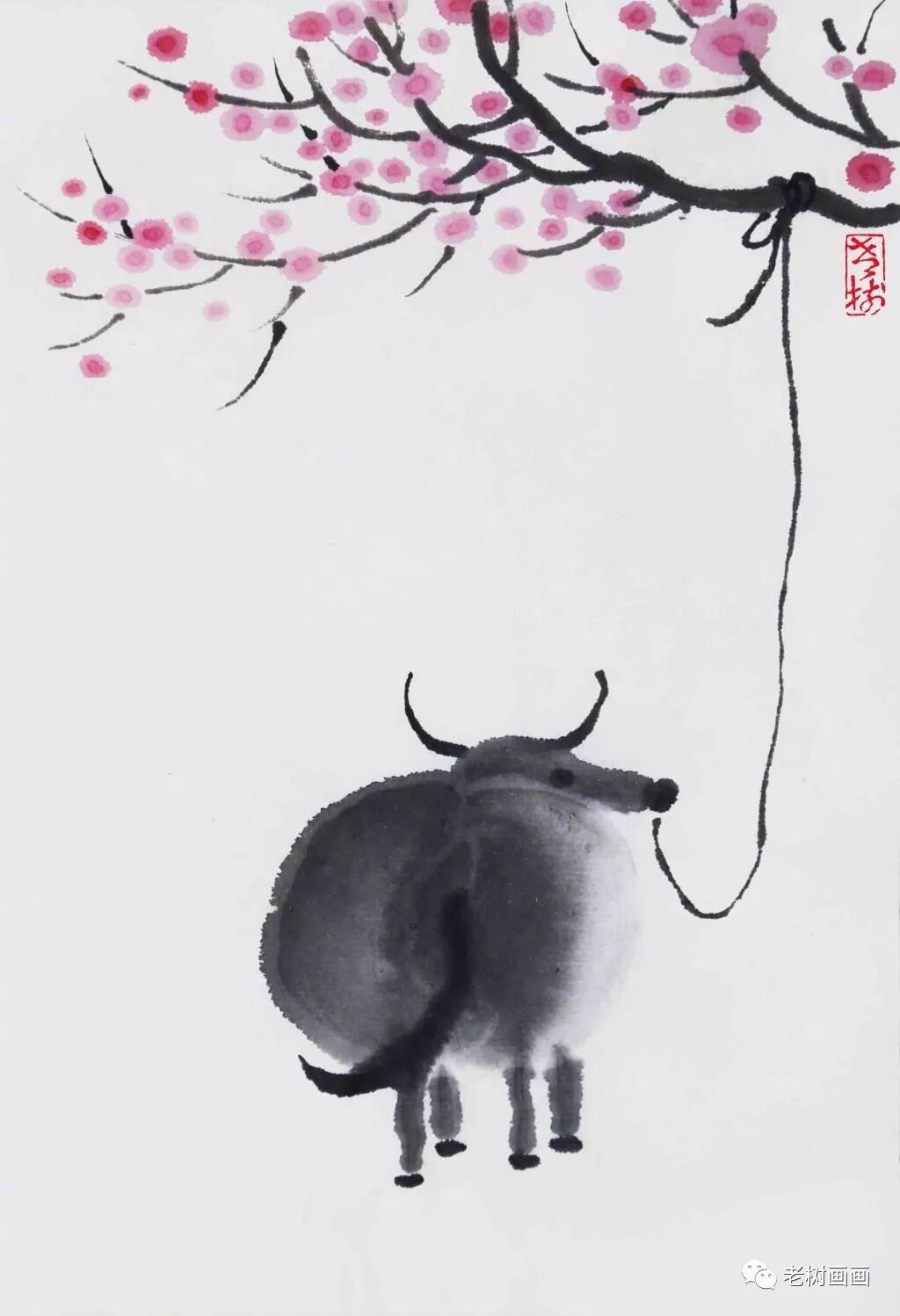 老树 细雨杏花江南,扶犁往来耕田.黄昏回家吃饭,水牛拴在村前.