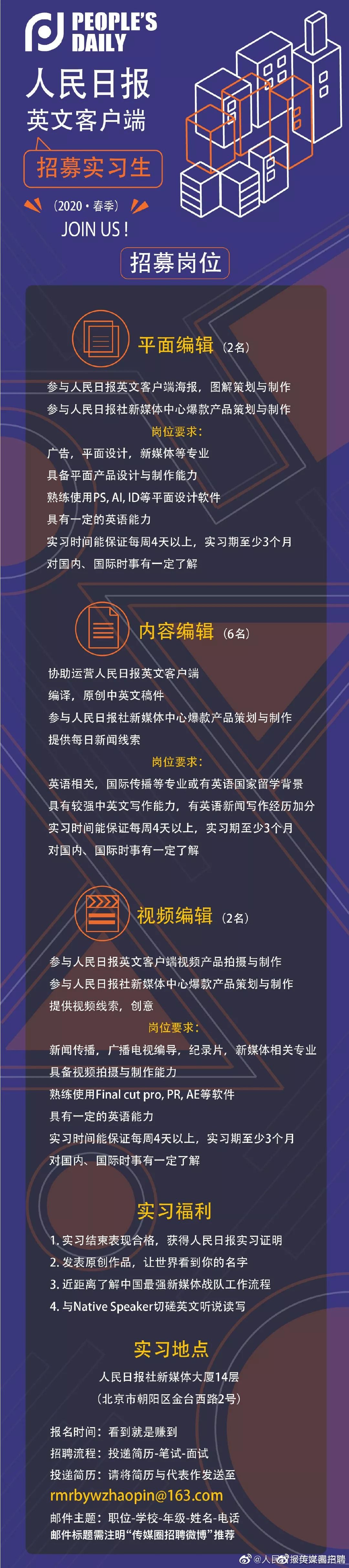 人民日报英文客户端招募实习生 传媒圈招聘微博 微信公众号文章阅读 Wemp