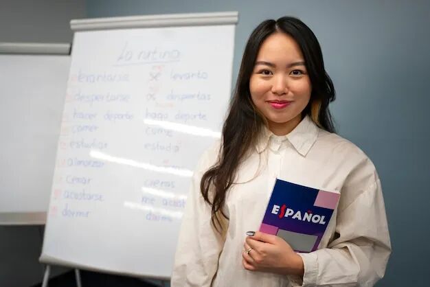 Front view smiley woman holding dictionary