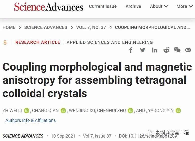 《Science》子刊：耦合形态和磁性各向异性组装四方胶体晶体的图1