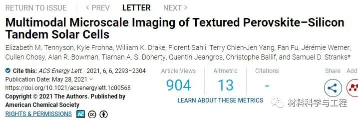 剑桥《ACS Energy Lett》：织构钙钛矿的多模微尺度成像−硅串联太阳能电池的图1