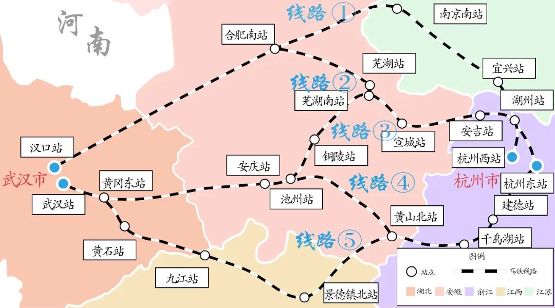 随着池黄高铁的开通,武杭之间的高铁通达存在五种不同经由