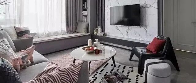 126㎡现代三居室，以灰色色调为主，客厅飘窗好惬意