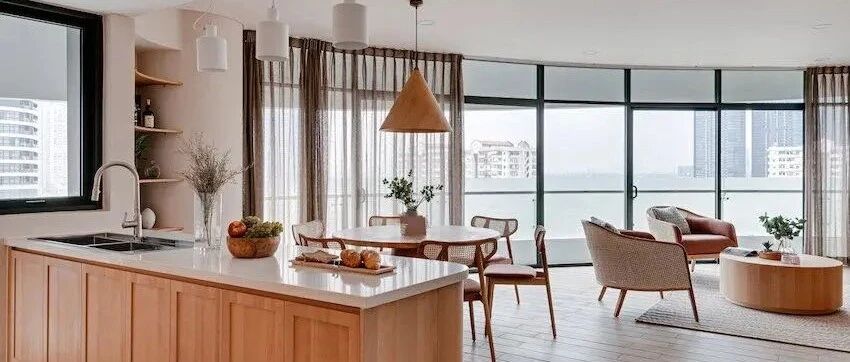 140㎡日不落平层，弧形落地窗，温润质朴，丝毫感觉不到压抑感