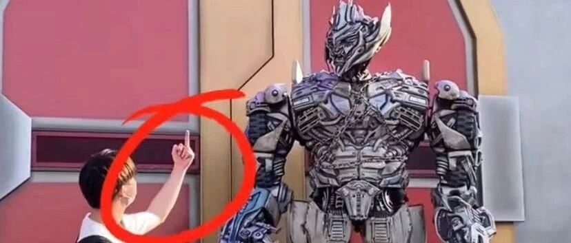 游客合影比不雅手势，威震天当场“发飙”