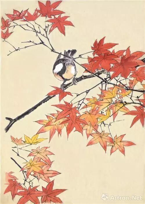 临今尾景年红枫山雀 页 纸本 设色