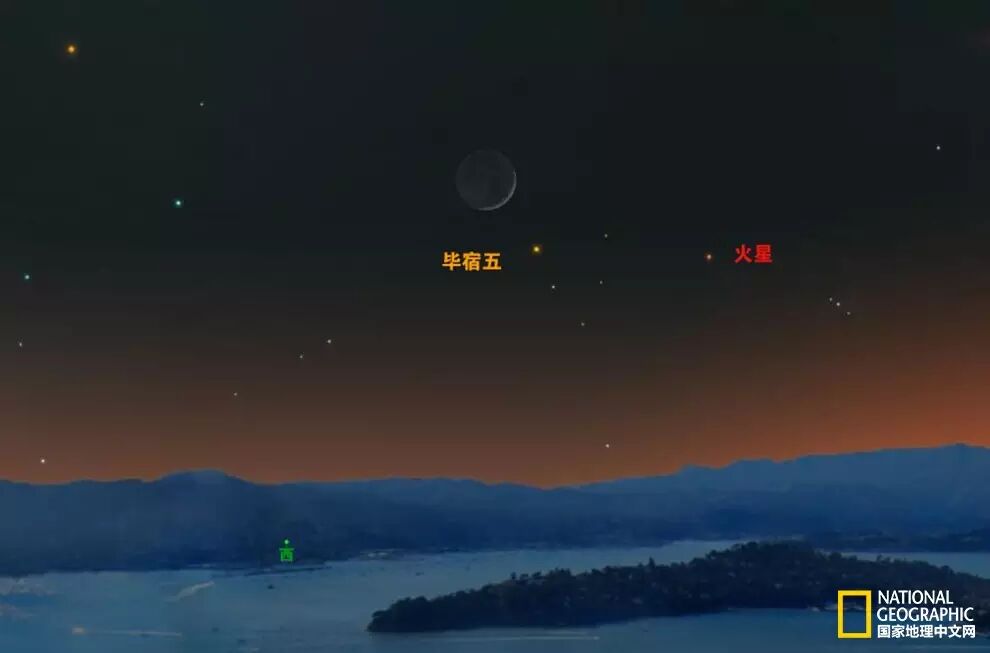 4月28日,橘红色的毕宿五与月亮再次与火星一同出现. 插图:a.