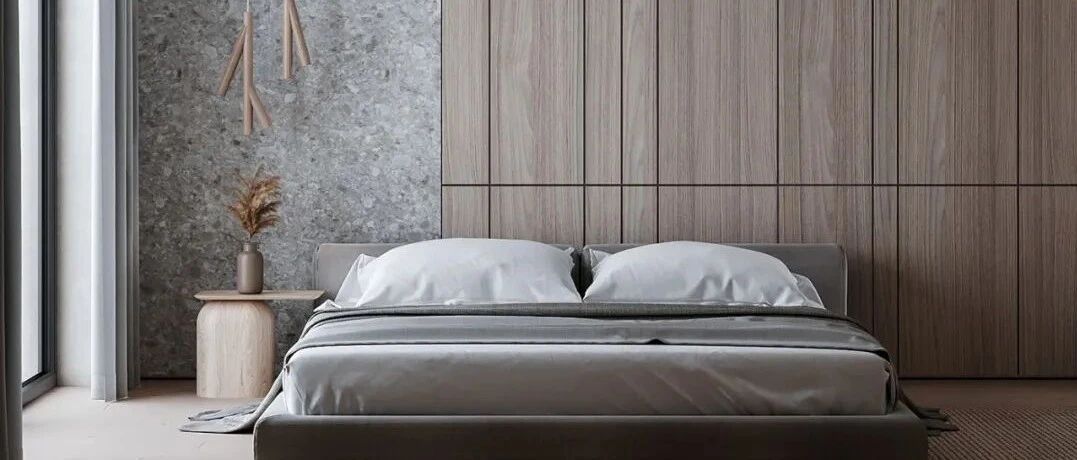 极简的卧室设计，木与石的搭配温暖又高级