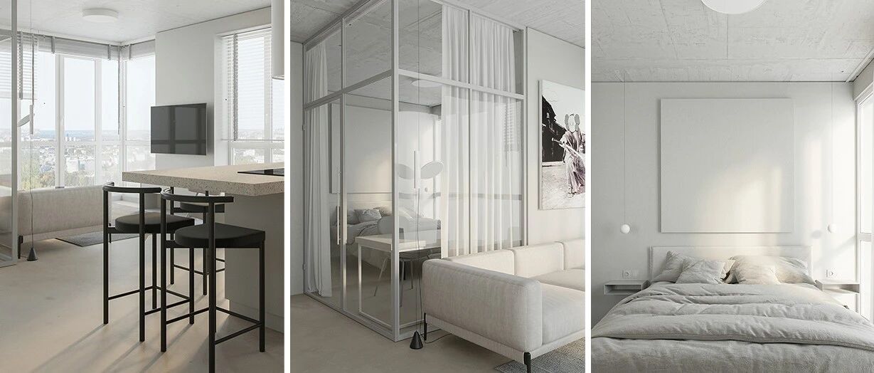 47㎡ 一室户，卧室用玻璃做隔墙通透又显大