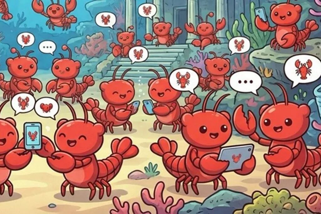 Illustration of many cartoon lobsters interacting on a social media platform underwater.