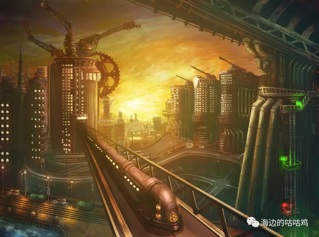 带着一点点中世纪的余韵却有高度发达的城市系统。巨大的机械，震耳欲聋的轰鸣和席卷苍穹的蒸汽让人们征服自然的强烈成就感油然而生。