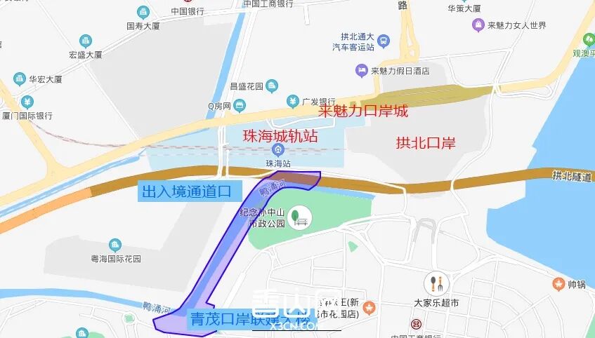 青茂口岸,邻近城轨珠海站,位于广珠城轨珠海站南侧,拱北口岸西南侧约