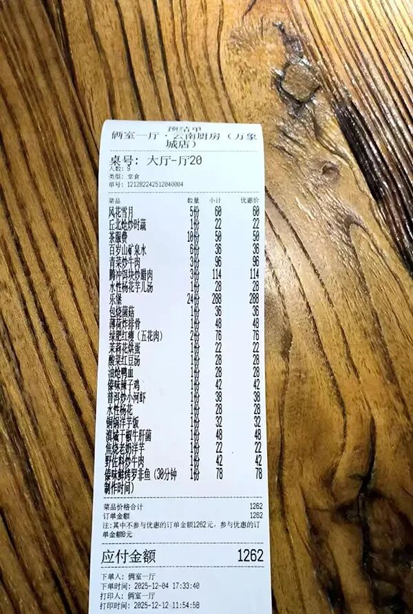 张先生一行人的消费小票。受访者供图