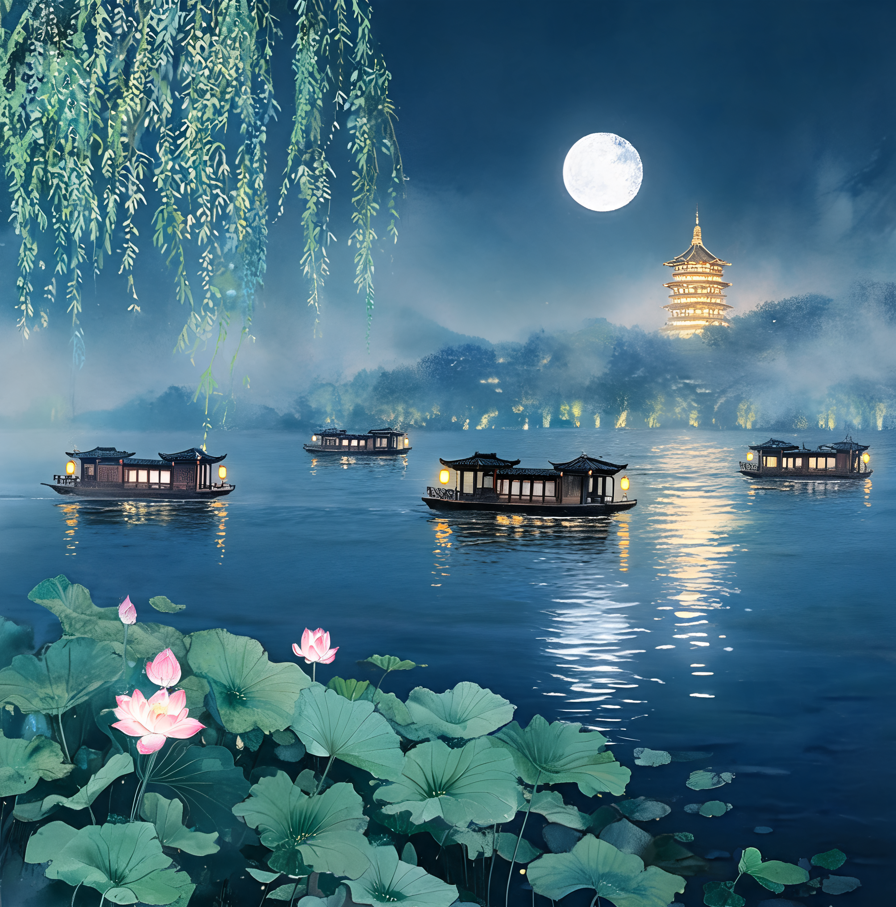 杭州夏夜西湖全景